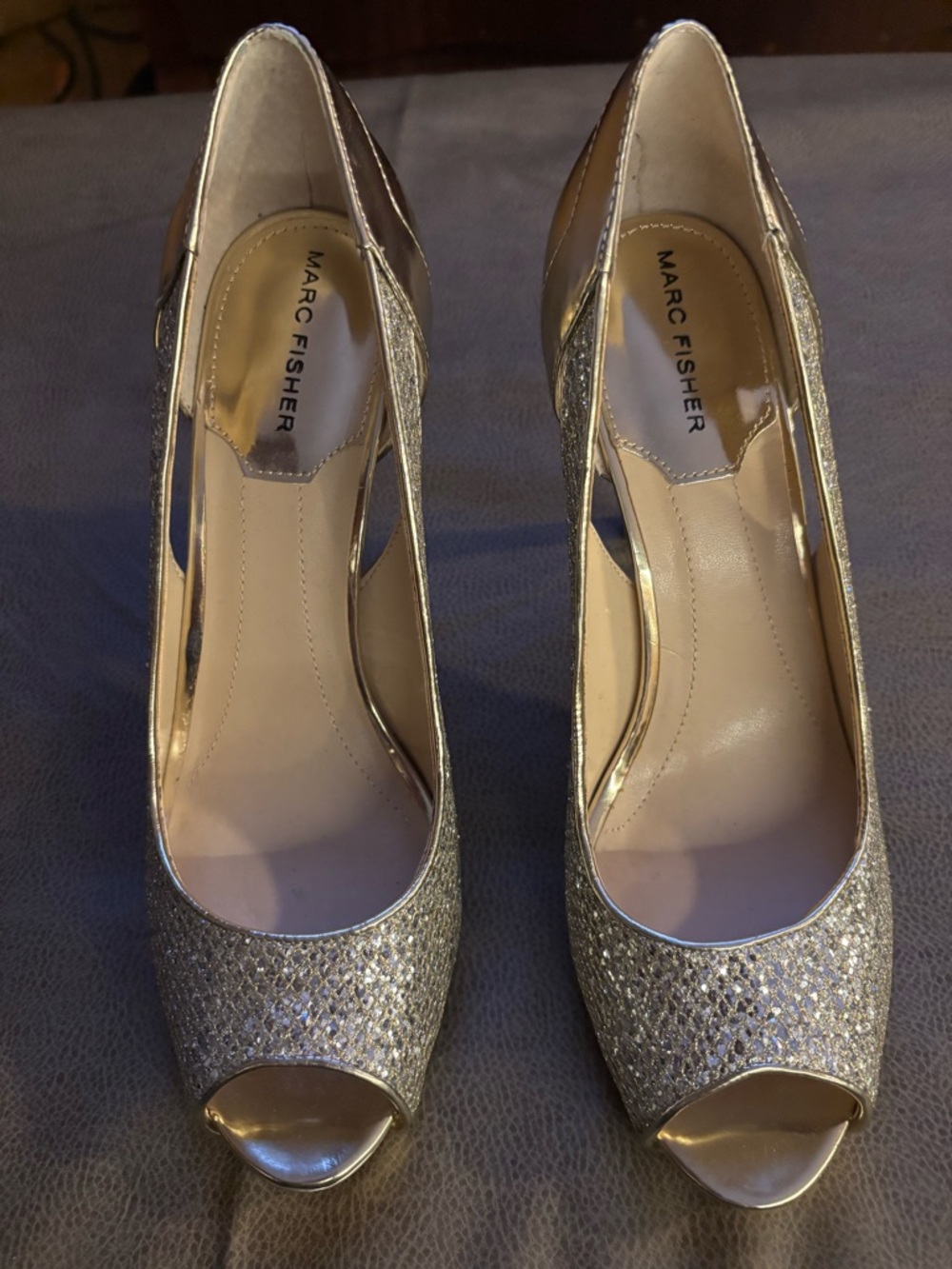 Marc Fisher Metallic Gold Glitter Open-Toe Pumps